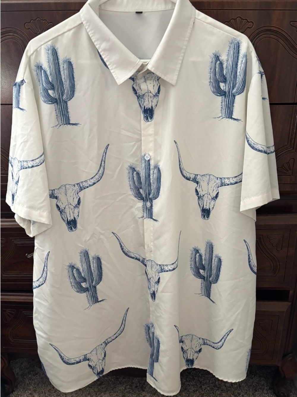 Men's White Short-Sleeve Button-Up Shirt with Blue Cactus & Skull Print